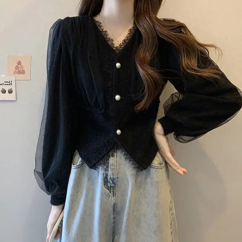 

Кружевная сетчатая рубашка-куртка, однотонный топ с длинными рукавами