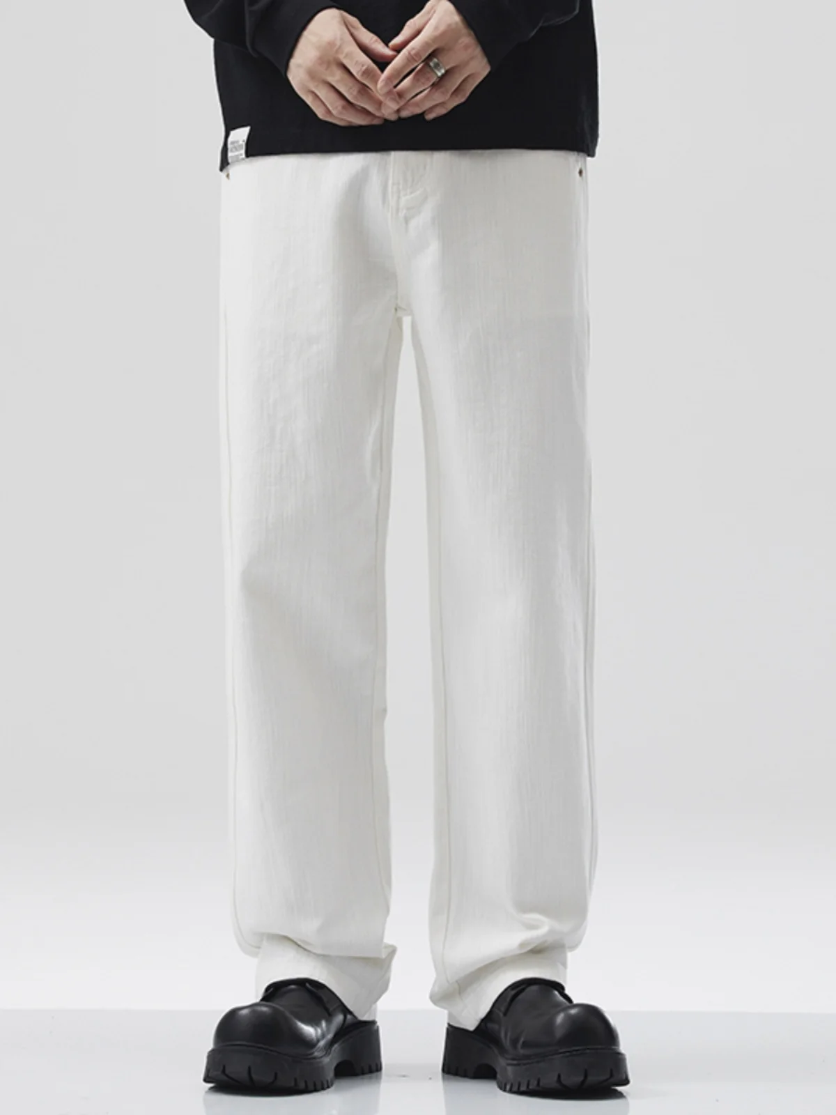 

White Casual Men's Jeans Spring Autumn Loose Fit Straight Leg Durable Cotton Elastic Waist Versatile Long Trousers