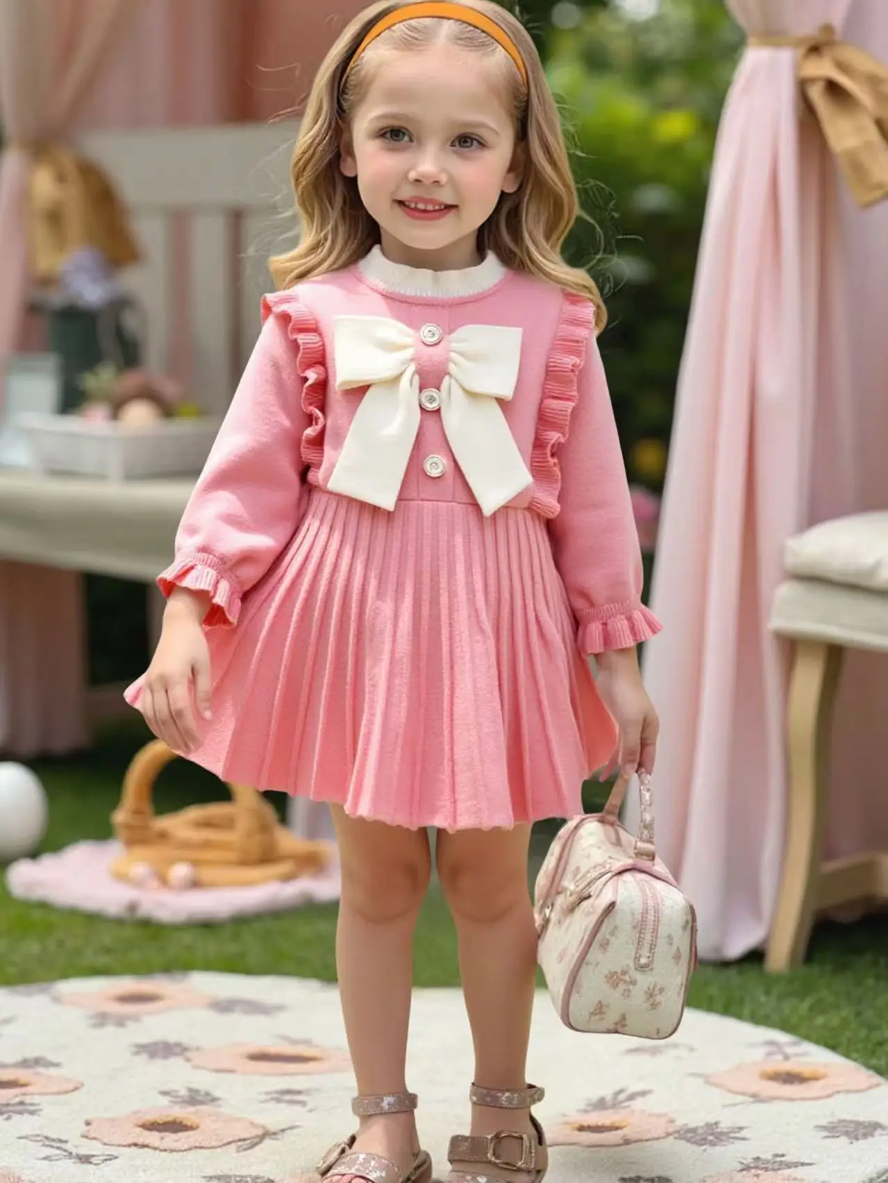 

The New Sweet Bow Sweater Dress Fashionable Casual Mid-length Dress for Children In Autumn Winter 90-130cm