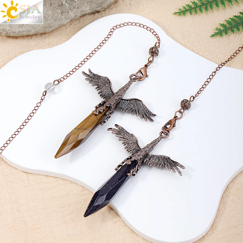 CSJA Vintage Crystal Angel Wings Pendulums for Dowsing Divination Natural Stone Energy Amethyst Pendant Pendule Pendulos H847 - view 4