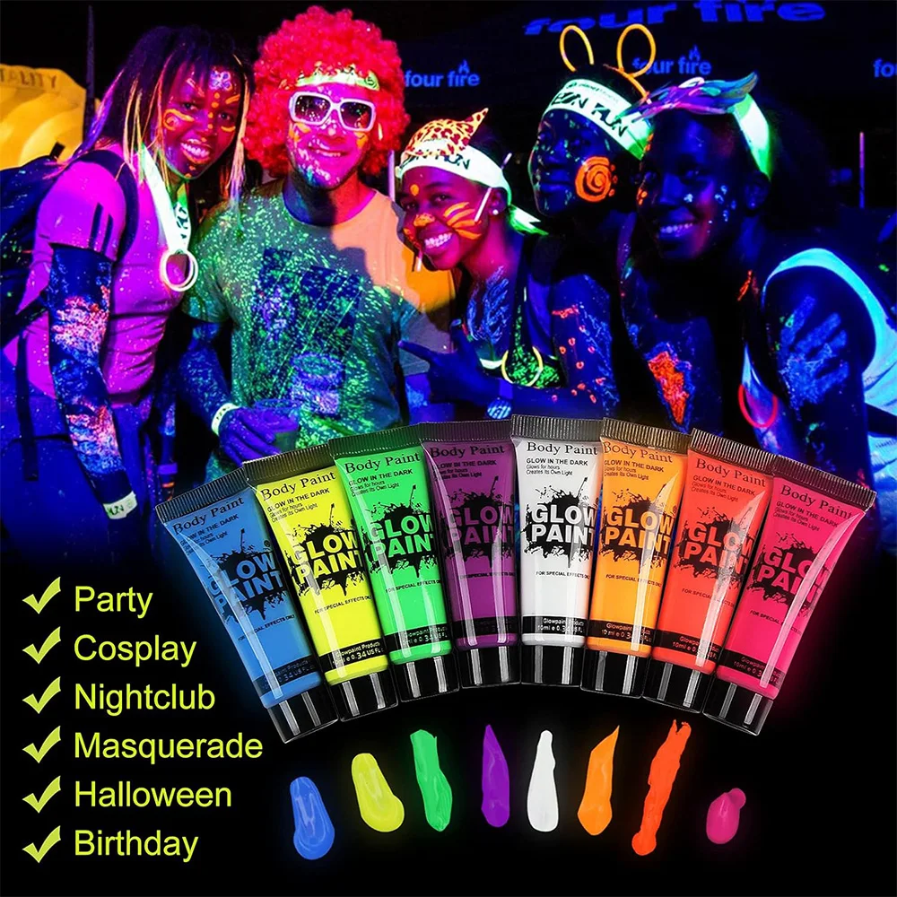 UV Neon Face Body Paint Glow in the Dark Makeup Set Fluorescent Painting for Adults Kids Festivals Party Halloween Christmas