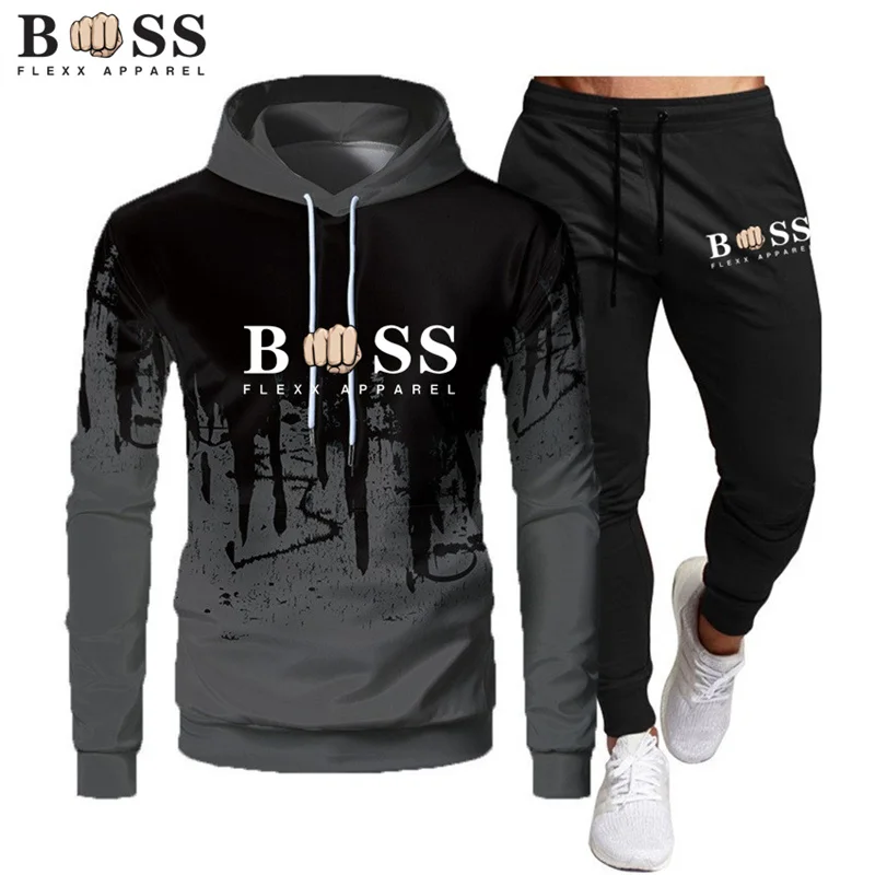 2023 Men\'s Printed Autumn Winter Hoodie and Pants Suit Sportswear Casual Slim Fit Men\'s Sports Shirt Jogging Sportswear