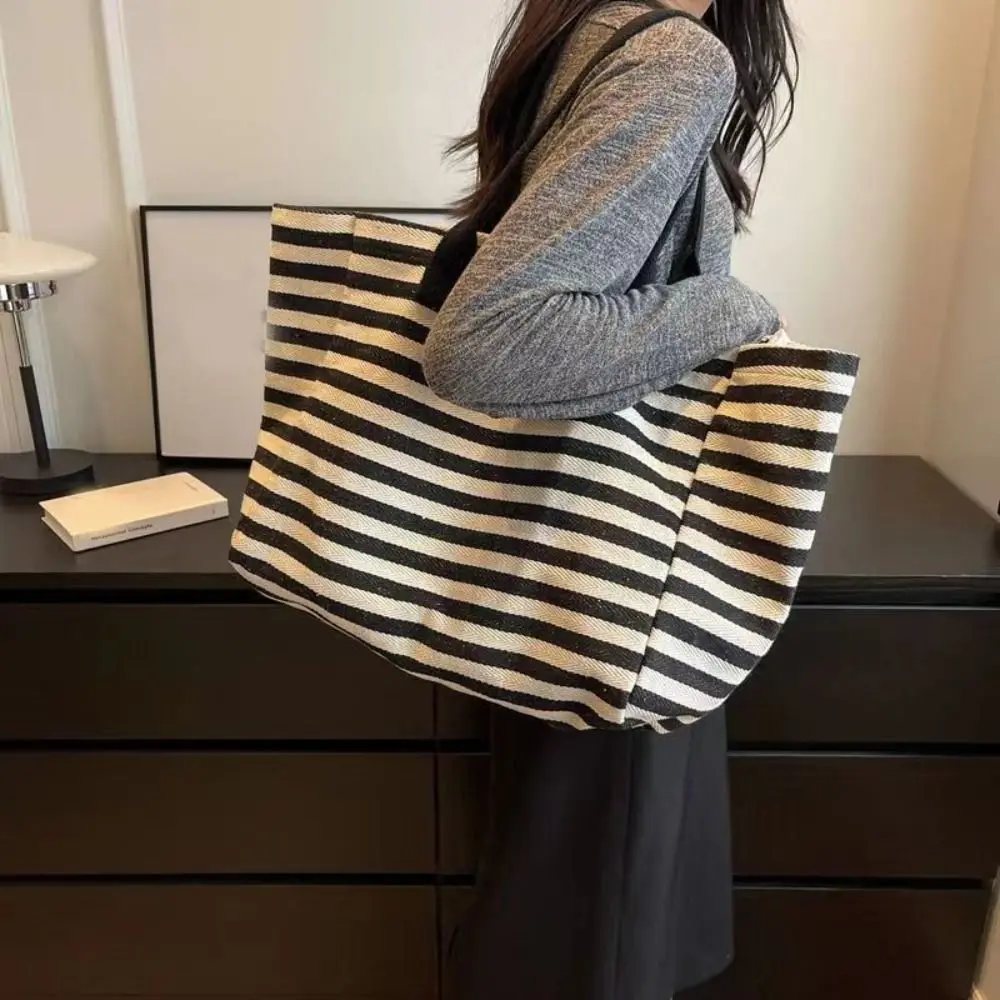 Bolsa de lona simples feminina grande capacidade bolsa novo estilo listrado elegante personalizado ombro múmia tote