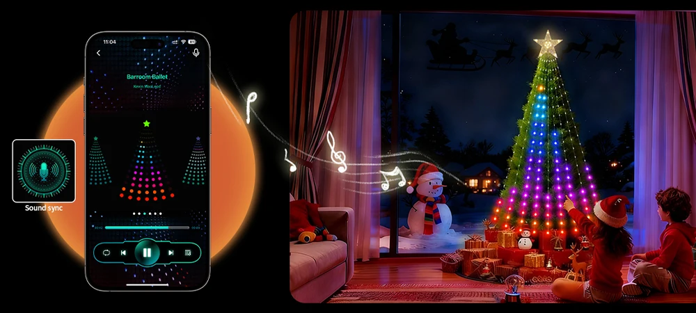 Smart Christmas Tree Lights, DIY Color Changing Waterfall Xmas Tree Lights with Ring & Top-Star, RGB-IC Dynamic String Light