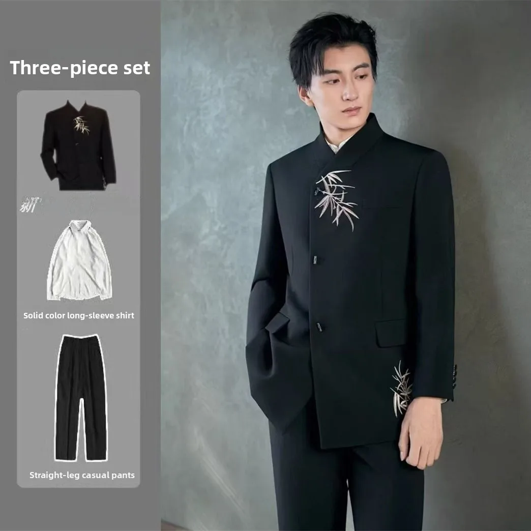 

New 2026 Chinese Style Men's Casual Embroidered Suit Jacket Collarless Outerwear Set Spring Autumn Season Standard Fit Polyes...