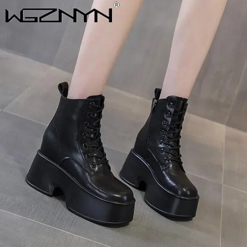 11cm rotador couro genuíno feminino meados de bezerro botas da motocicleta plataforma wedeg rendas até deslizamento em 2026 primavera outono inverno sapatos confortáveis