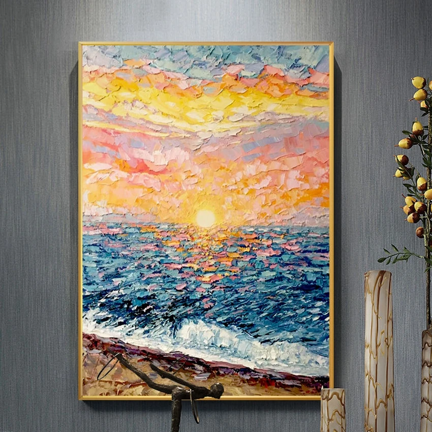 Wall Art Decoration Poster Sea Sunrise Handmade Canvas Oil Painting Textured Abstract Image Vertical Mural Custom for Home Hotel