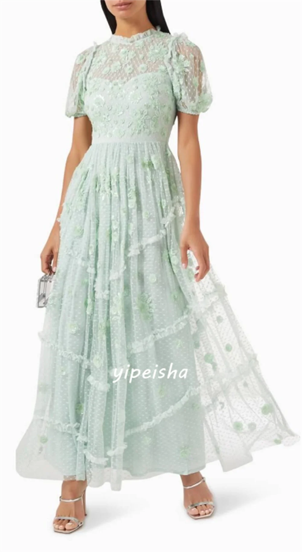 Sparkle Tulle Applique Ruched Cocktail Party A-Line Vestidos Midi, vestido de gola alta, gola alta, requintado, alta qualidade