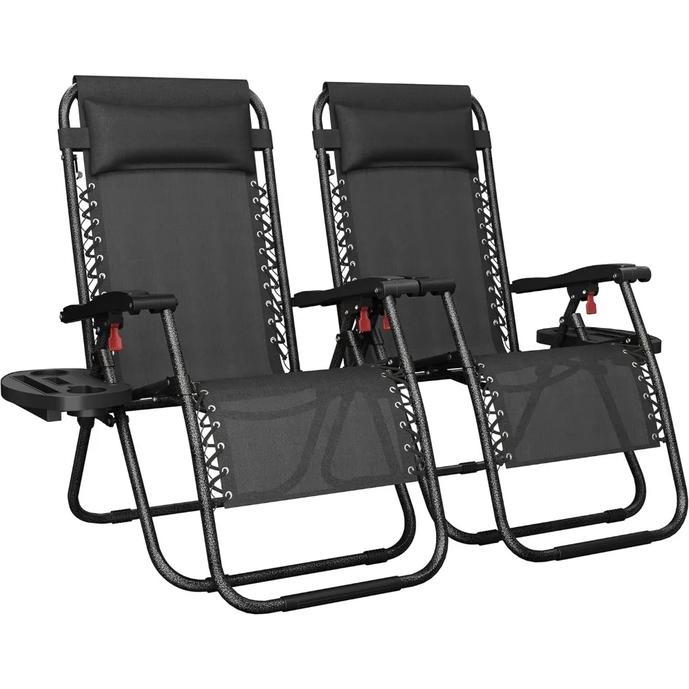 

Zero Gravity Recliners Outdoor Adjustable Folding Reclining Lounge Chairs w/Pillows, Cup Holder Trays and Carry Strap for Patio