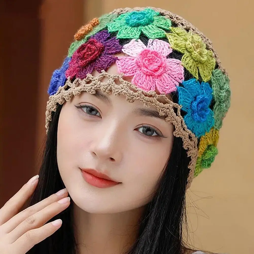 Women Warm Beanie Colorful Knitted Flower Crochet Women's Sunshade Hat with Hollow Out Design Lightweight Breathable for Travel