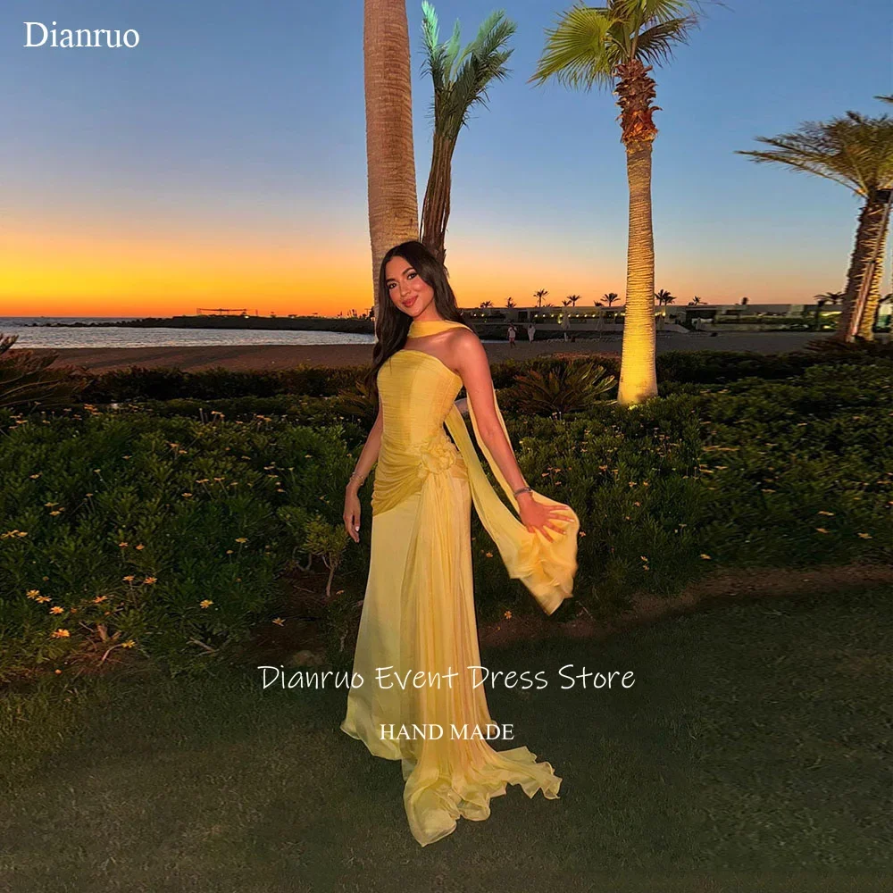 

Dianruo Lemon Yellow Ribbons Evening Dresses Side Draped Ruched Abito Cerimonia Donna Pleated Strapless Party Gowns Customized