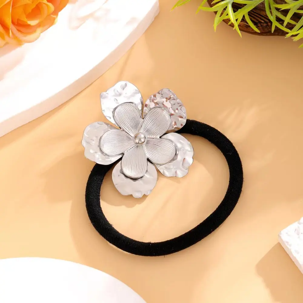 إكسسوارات شعر ذيل حصان من الفولاذ المقاوم للصدأ ، طبقات مزدوجة ، زهرة بخمس أوراق ، أزياء بسيطة ، رباط مطاطي ، غطاء رأس للسيدات ، هدية #4