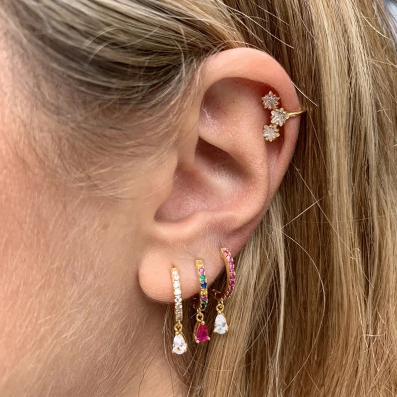 Fashion Multicolor Zircon Water Drop Small Hoop Earrings for Women Stainless Steel Pendant Piercing Earring New Arrival 2023