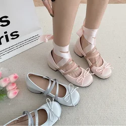 Kobiety Czółenka Bowknot Mary Jane Shoes 2024 Autumn New Lolita Dress Round Toe Shoes Designer Shallow Sandały Kobieta Eleganckie Zapatos