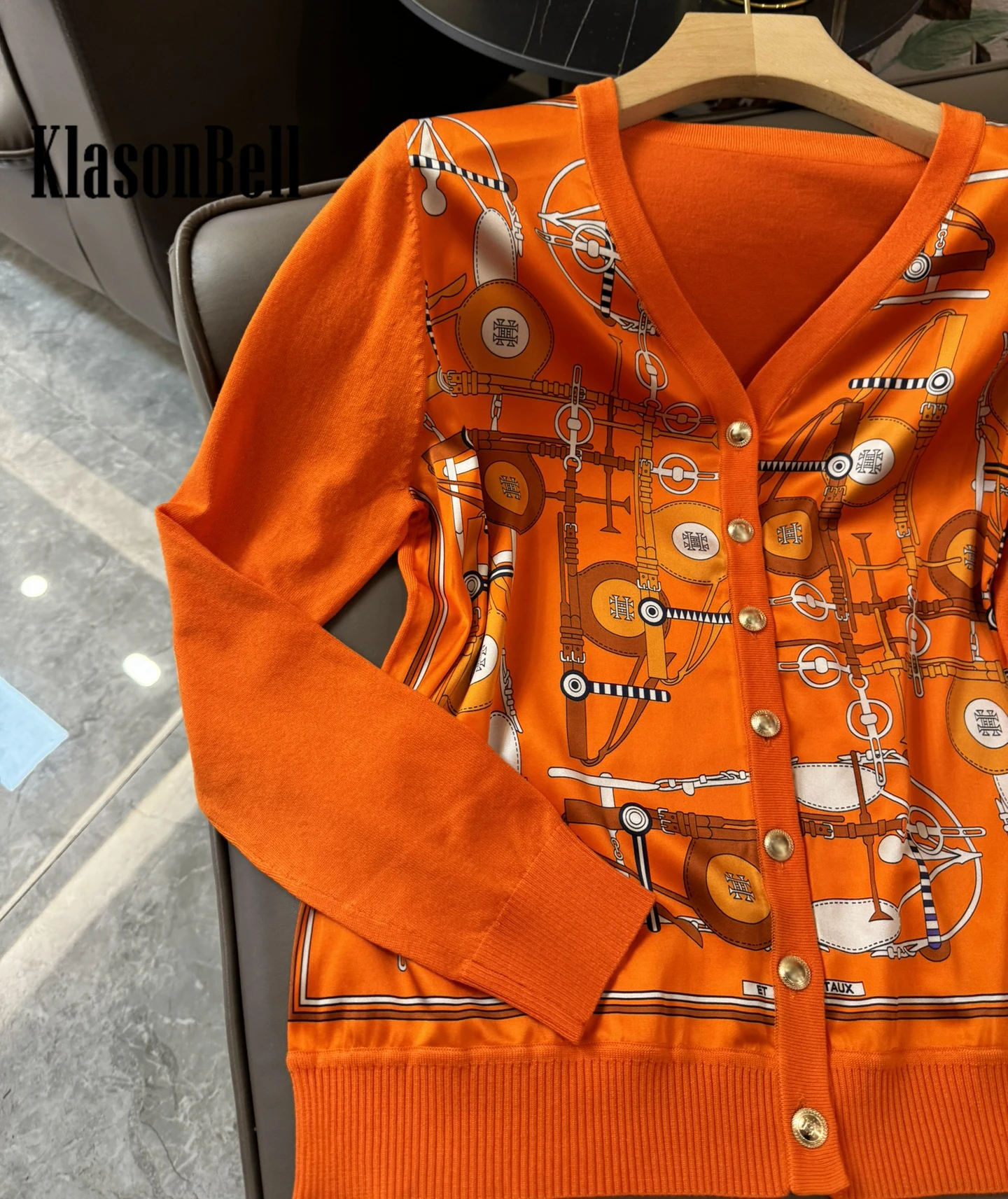 4.14 KlasonBell Classic Geometric Pattern Print Silk Spliced V-Neck Long Sleeve Knitted Orange Cardigan For Women
