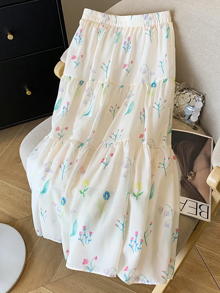 

Винтажная элегантная длинная юбка с цветочным принтом, женская свободная милая юбка трапециевидной формы с высокой талией, корейские летние ретро-юбки высокого качества для женщин
