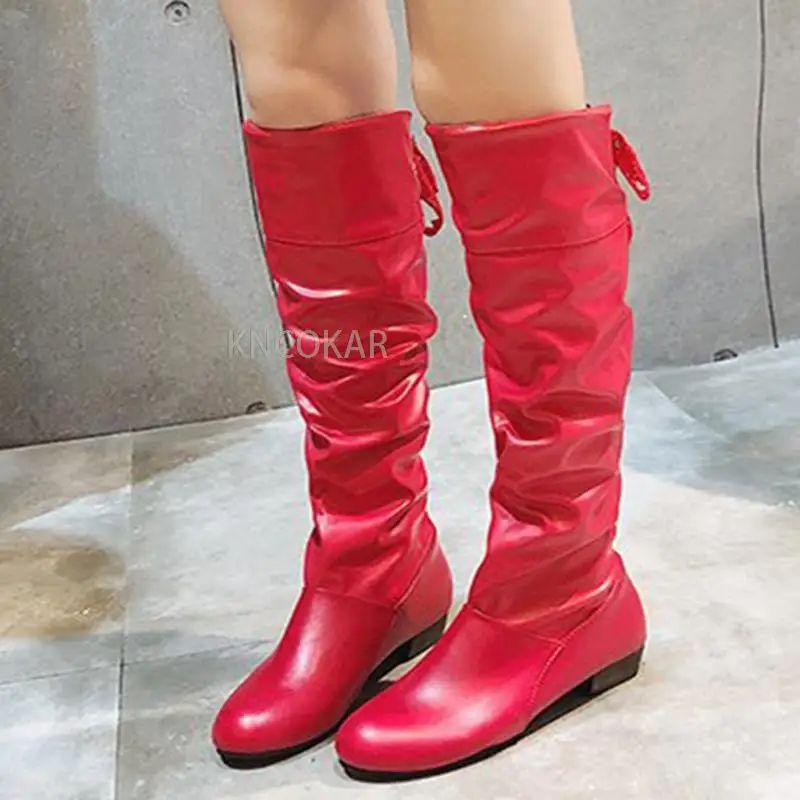 Women 2023 Spring Knee High Boots Red Black White Tall Boots Woman Pleated Low Heel Casual Leather Female Long Shoes