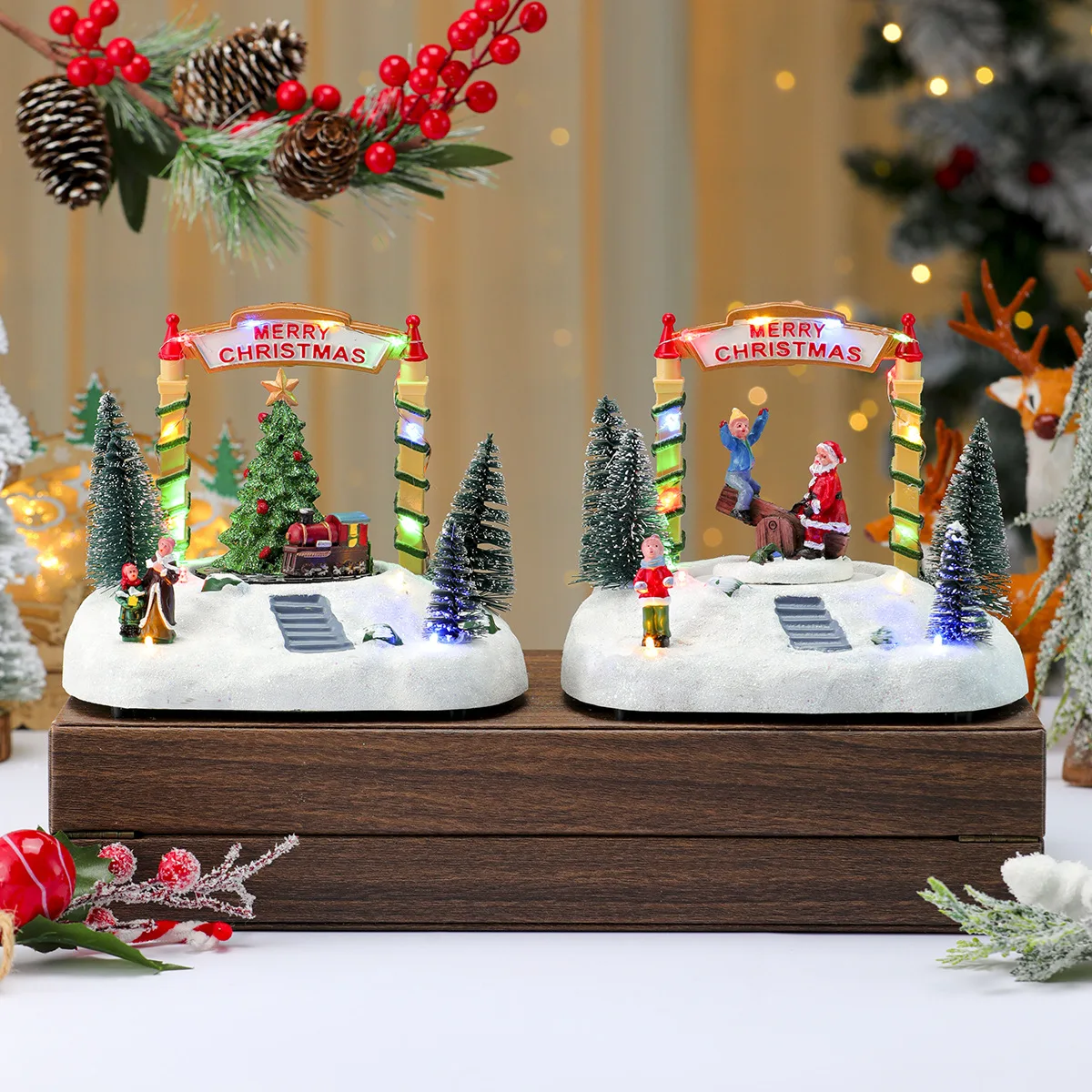 Leuchtende rotierende Musikbox aus Kunstharz, Weihnachtsschneelandschaft-Musikbox, kreatives Geschenk, Fensterdekoration