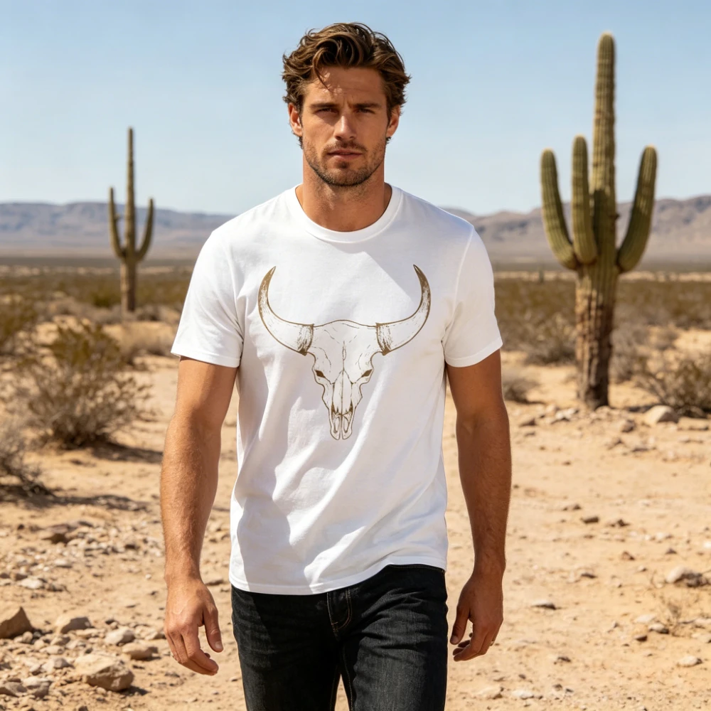 Western Bull Skull Graphic T-Shirt Vintage Desert Cowboy Casual Tee Boho Western Bull Skull Silhouette T-Shirt Men Cotton Tops