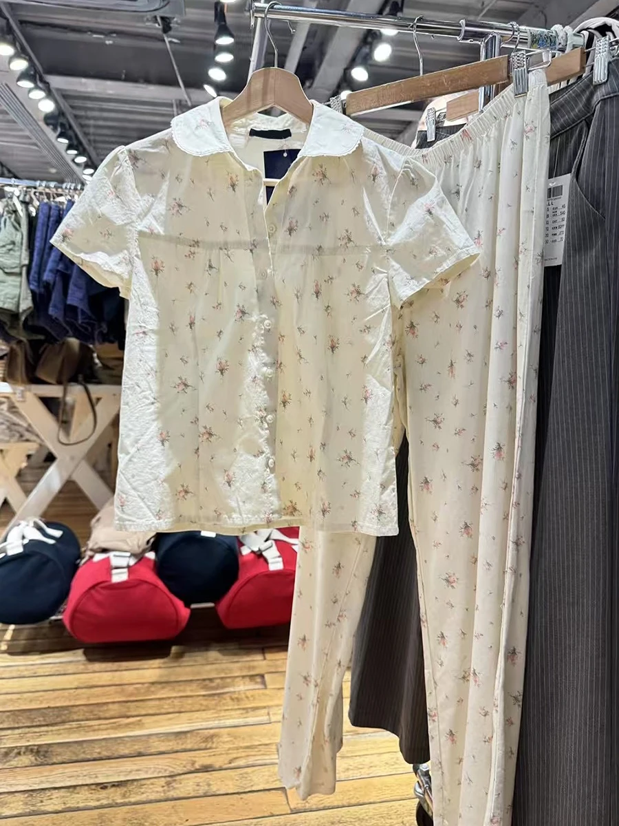 Nova blusa de manga curta com estampa floral feminina verão peter pan colarinho único breasted blusas doce casual moda camisa topos