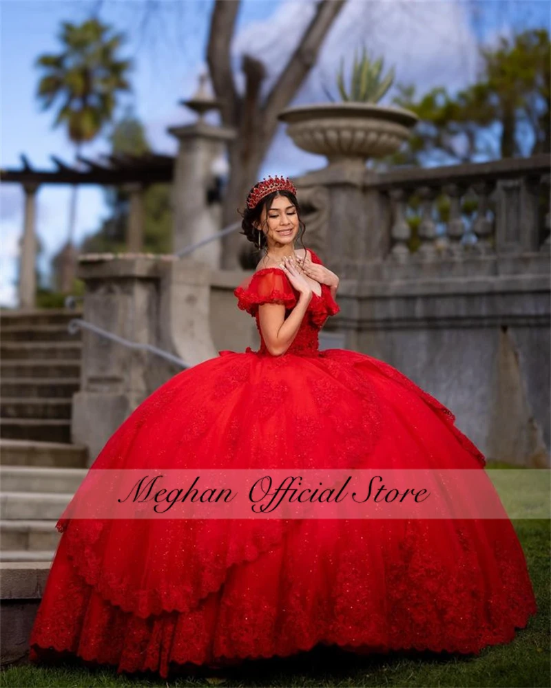 Red Off The Shoulder Quinceanera Dress 2024 Beaded Prom Dress Ball Gown Appliques Puffy Tiered Luxury Sweet 16 15 Customized