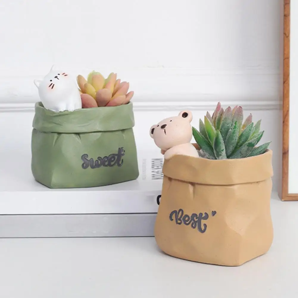 Cute Pen Holder Wrinkled Paper Bag Pen Holder with Decor Resin Desk Organizer Succulents Planter Cute Stationery Gift for Office