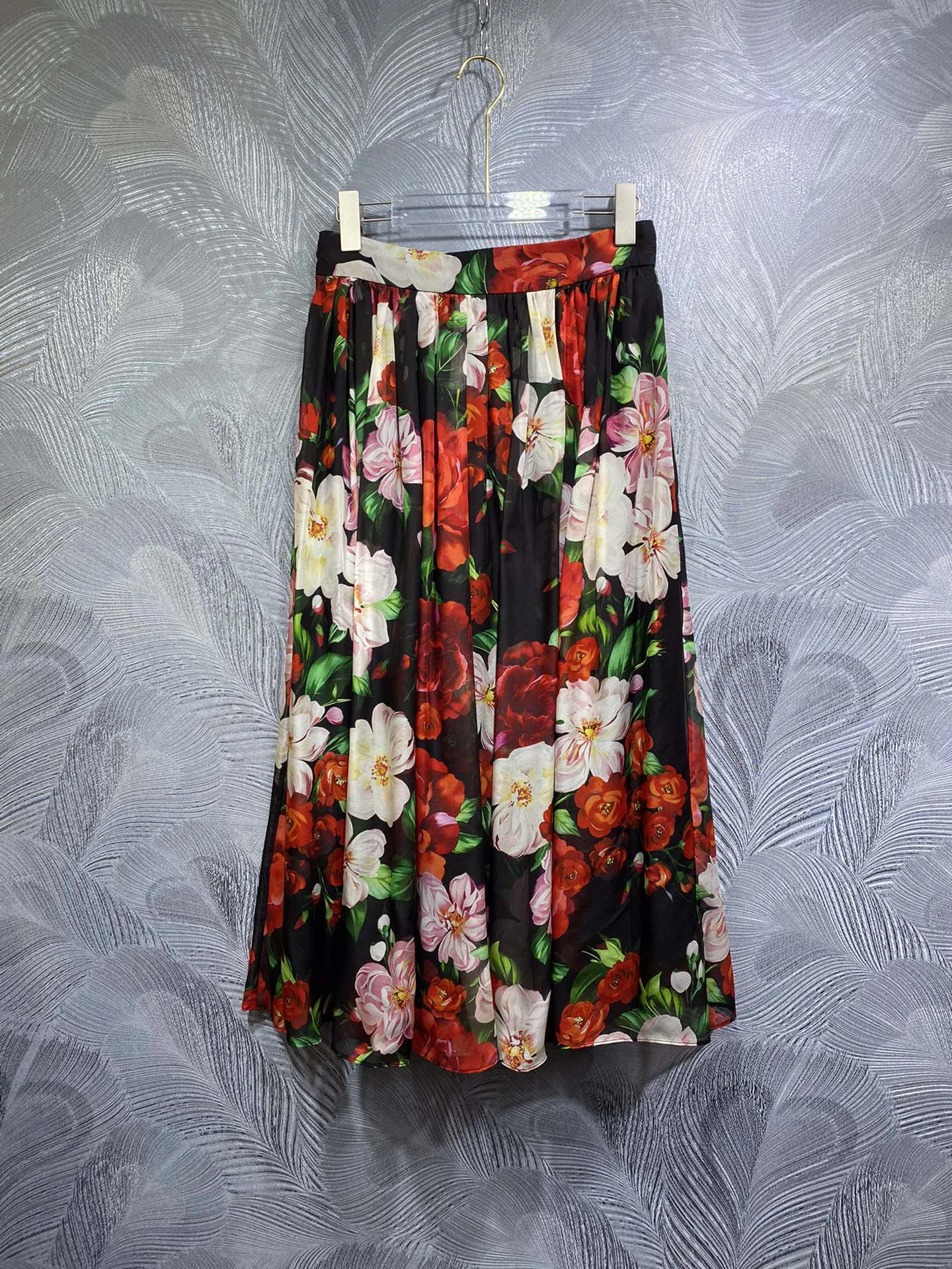 SEQINYY 100% Silk Chiffon Skirt Summer Spring New Fashion Design Women Runway High Street Vintage Flower Print A-Line Sicily