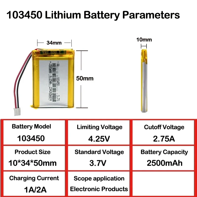 103450 3.7V 2500mAh Rechargeable Lithium Polymer Lipo Battery For MP4 DVD DVR LED MP5 GPS Bluetooth Headset Speaker Massager