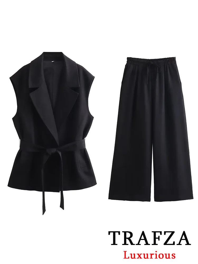 TRAFZA-Blazer preto monocromático vintage feminino, faixas com gola V, blazer sem mangas, cintura alta, calças de pernas largas, moda senhora do