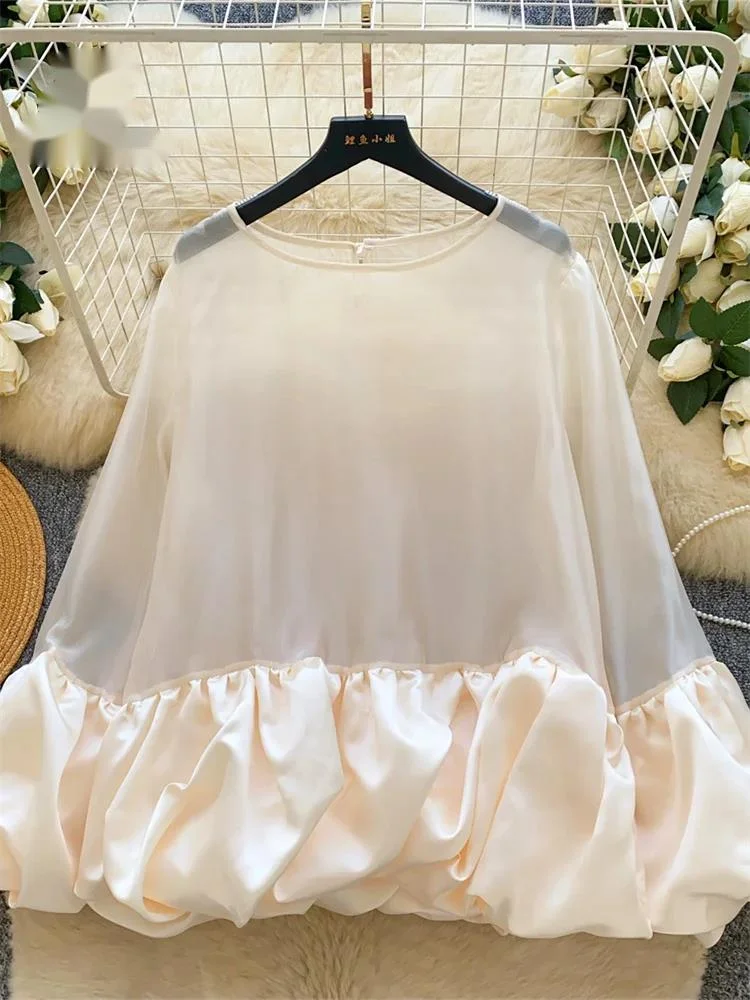 

Элегантная женская блузка оверсайз из тонкого атласа с рюшами, шифоновая, с длинным рукавом, прозрачная, однотонная, с круглым вырезом, весенняя