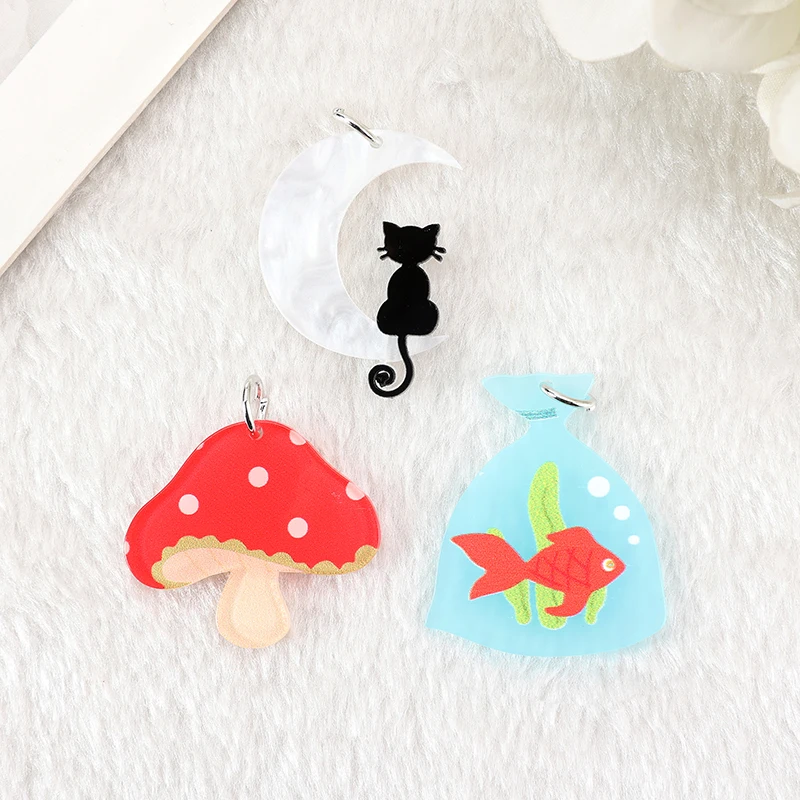 6pcs Mushroon Charms Acrylic Magic Moon Cat Goldfish Bag  Pendant For Earring Keychain Necklace Diy