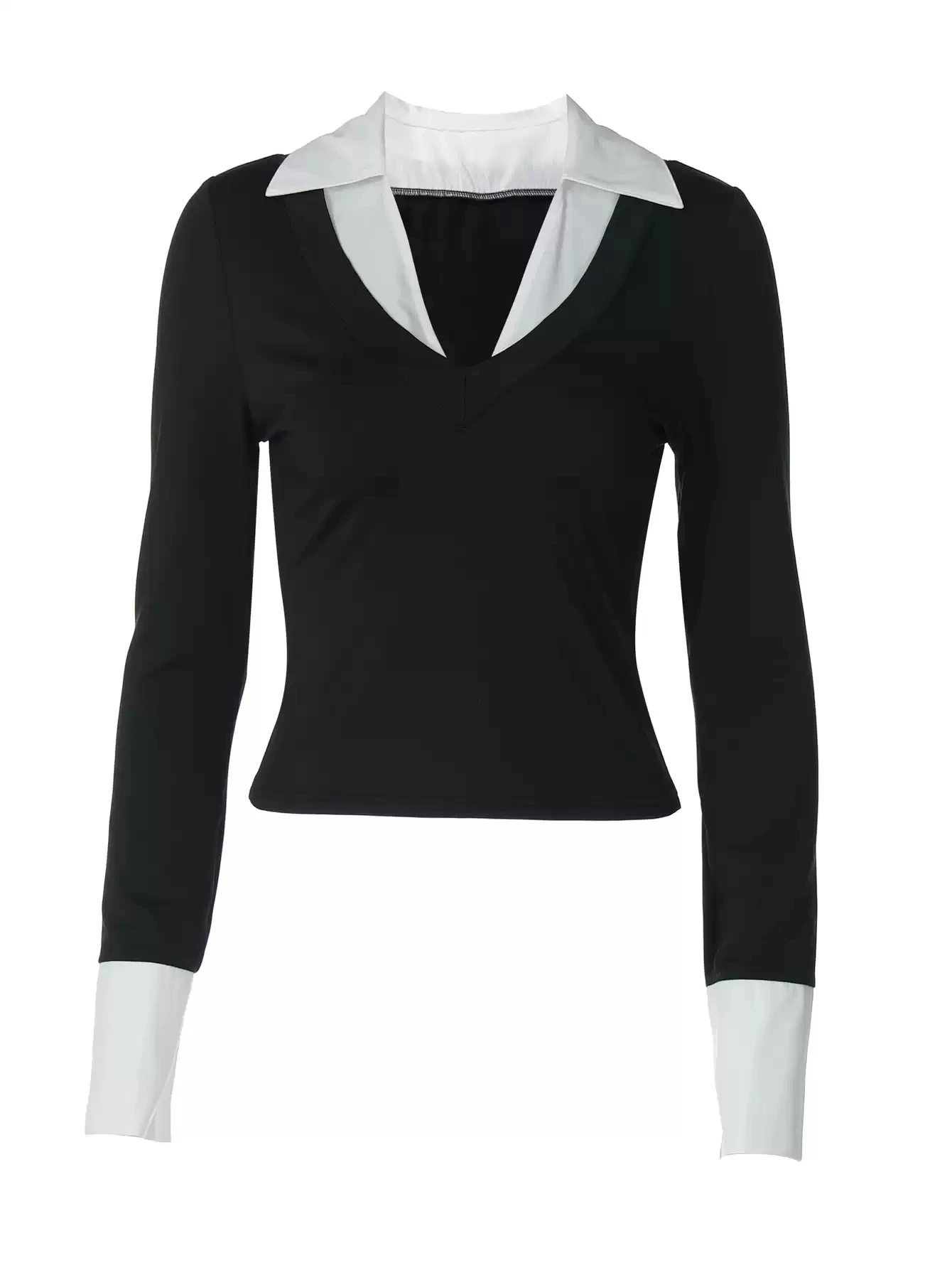 

NIGO Spring Autumn Women's Black Long Sleeves High Comfort Suitable Office Casual Wear Two Tone Fashion Blouse #NIGO95884Z