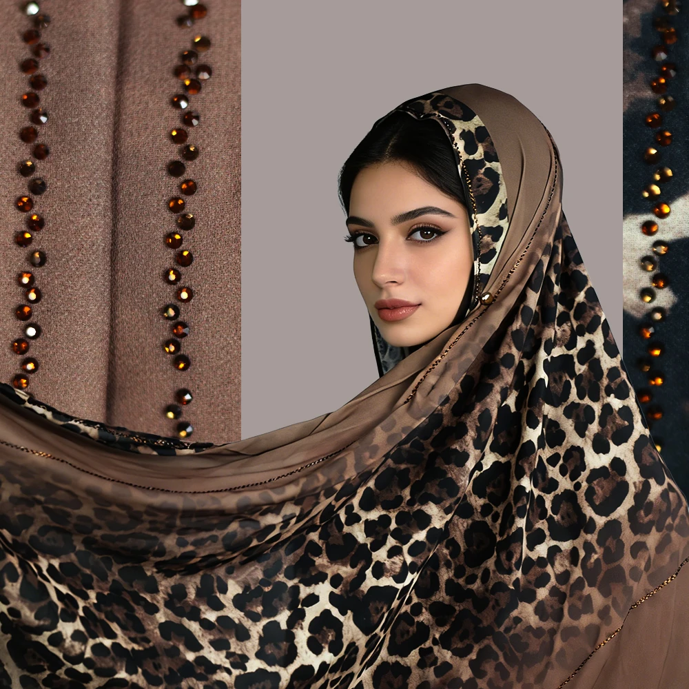 

Вечерняя повязка на голову со стразами - роскошный черный шифоновый арабский шарф с леопардовым принтом, женская большая мягкая шаль, стиль богини