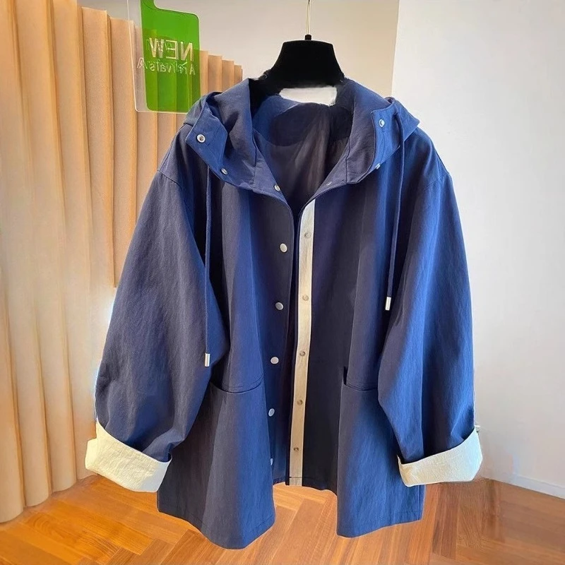 European Large-sized Stylish Color-blocking Hooded Windbreaker Loose Versatile High-end Niche Windproof Jacket for Spring Autumn