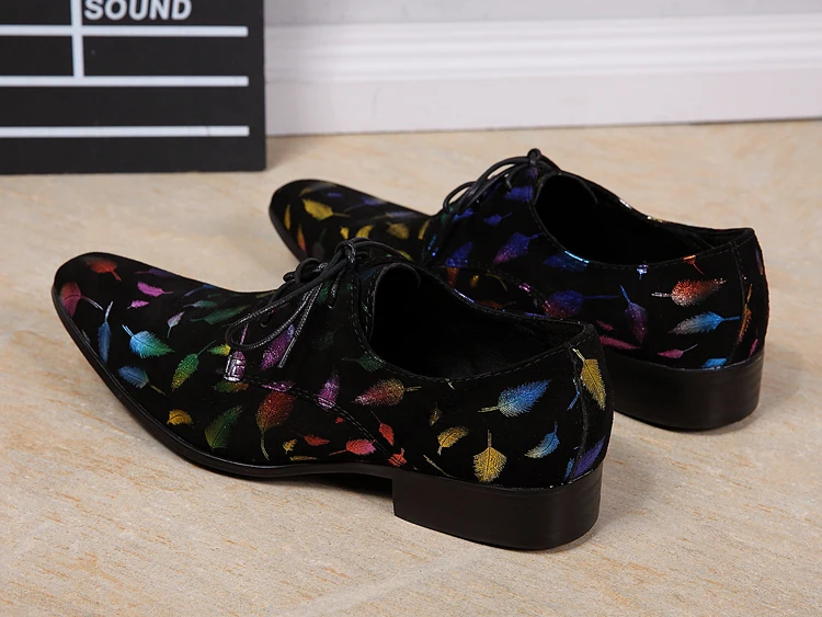 Pointed Toe Print Leather Fashion Casual Shoes Men Pointed Toe Lace Up Derby Shoes Stylist Singer Dancer Celebrity Shoes 37-46