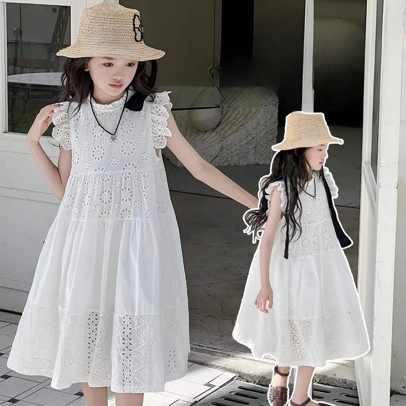 

Girls Summer Dress Children Clothing Kids Sweet Lace Cotton Jacquard Sleeveless Dress Casual Simple Daily 2025 New