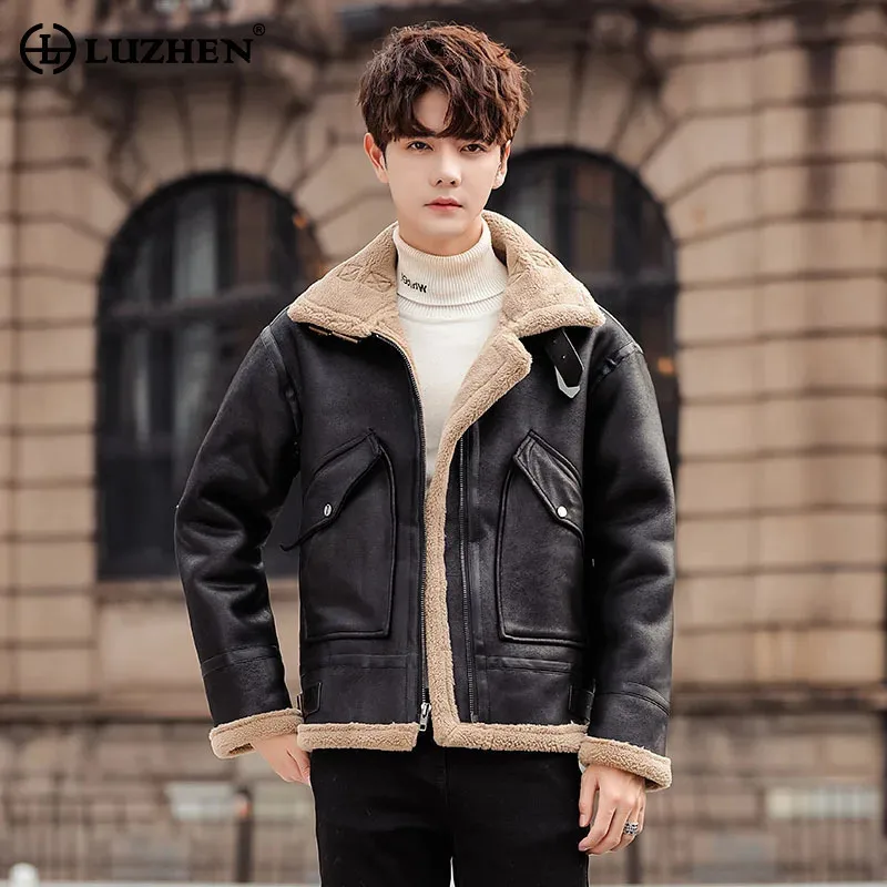 

LUZHEN меховые кожаные лоскутные стеганые куртки плюшевые утолщенные зимние повседневные универсальные уличные новые мужские хлопковые пальто JY4660