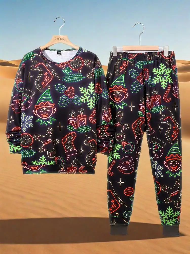 

Autumn new men's long sleeved hoodie fashion trend print Halloween elements two-piece set
