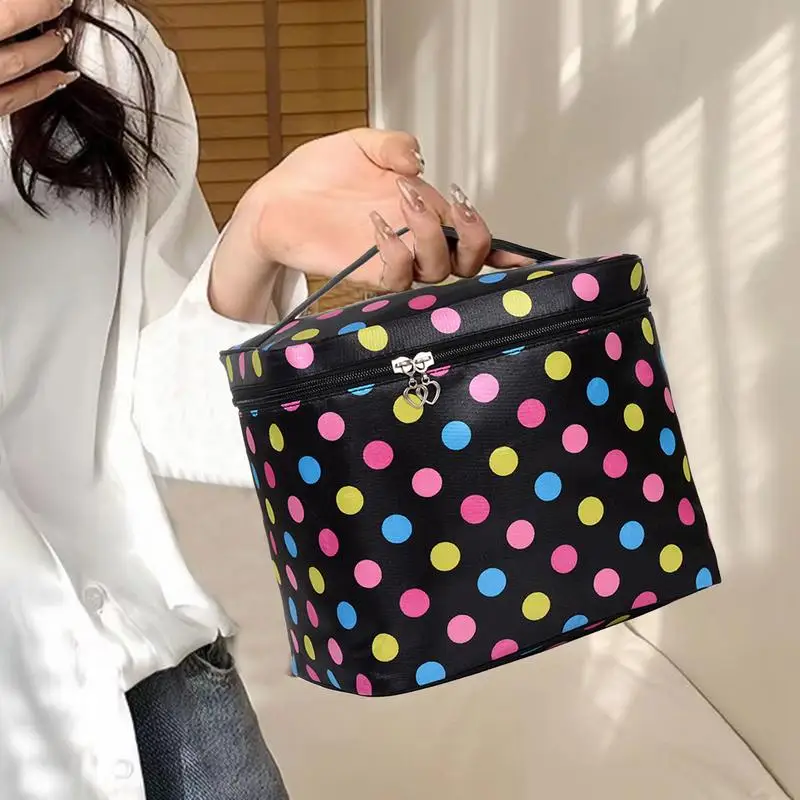 Travel Cosmetic Bags For Women Square Handle Cosmetic Bag Colorful Dots Design Makeup Bag Zipper Pouch Large With Compartments