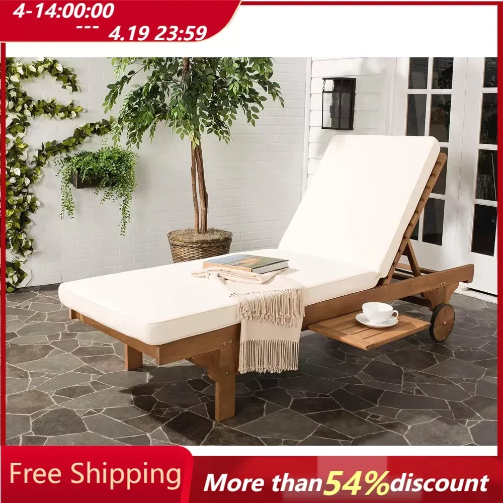 

Outdoor Chaise Lounge Chair, Newport Natural/ Beige Cushion Built-in Side Table Adjustable, Outdoor Chaise Lounge Chair