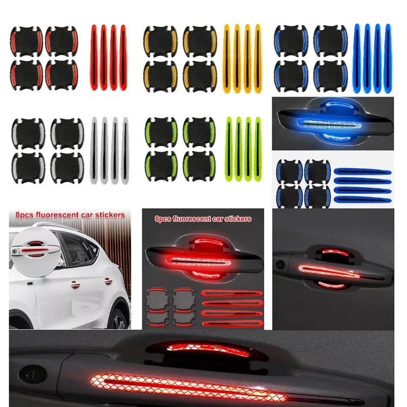 8 x Red White yellow green blue Carbon fiber Car Door Handle Bowl Protector Film Reflective Strip Anti Scratch Sticker