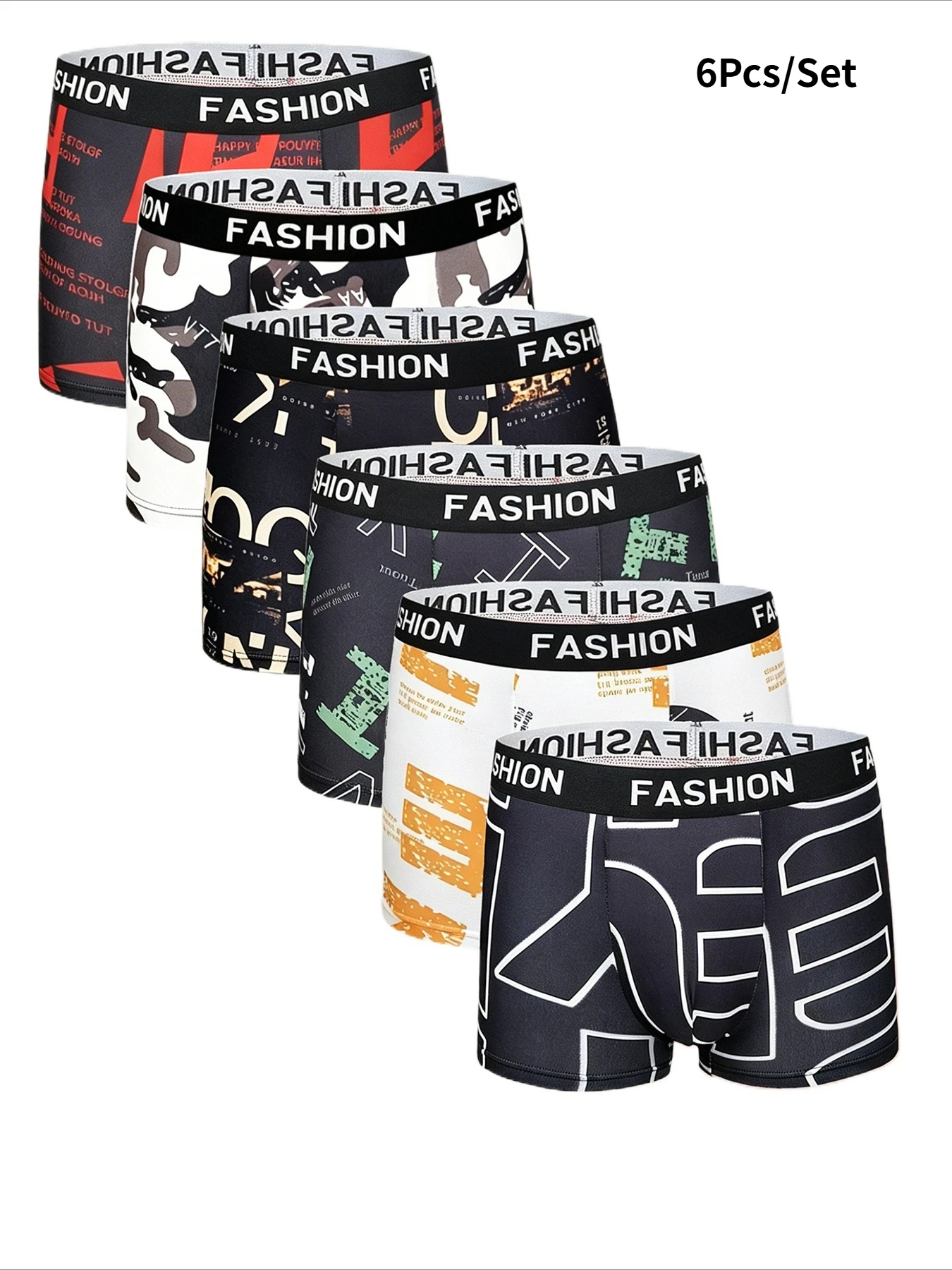 

6-Pack Men's Polyester Boxer Briefs - "FASHION" Waistband, Assorted Urban Graffiti & Pop Art Pattern Underwear Set