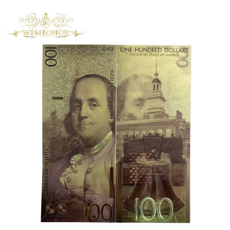 

Top Selling 10pcs/lot America Banknotes 100 Dollar Banknotes in 24k Gold Plated Fake Money Gold Plated Business Gift