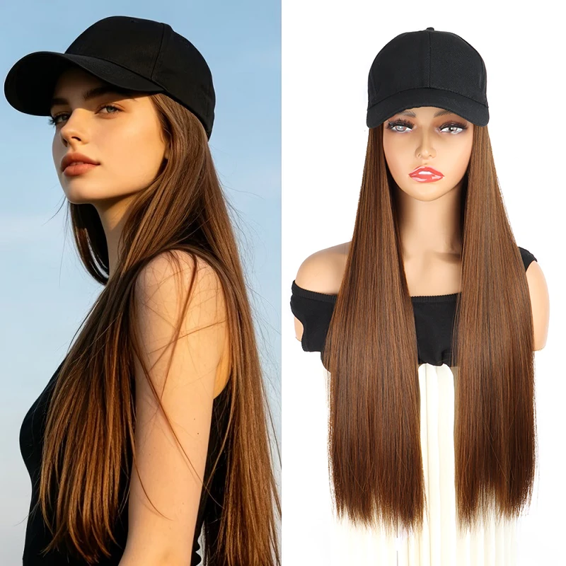 24Inch Synthetic Baseball Cap Hair Accessories Wig Long Straight Hair Extension Hair Integrate Cap Hat for Women Daily Hair