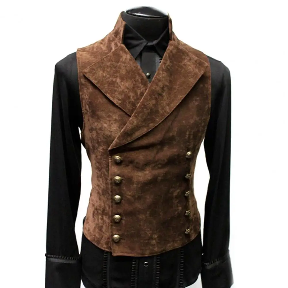 Vintage Red Suede Suit Vest Men Waistcoat Stand Collar Solid Color Double Breasted Slim-Fit Vest Steampunk Gilet Homme