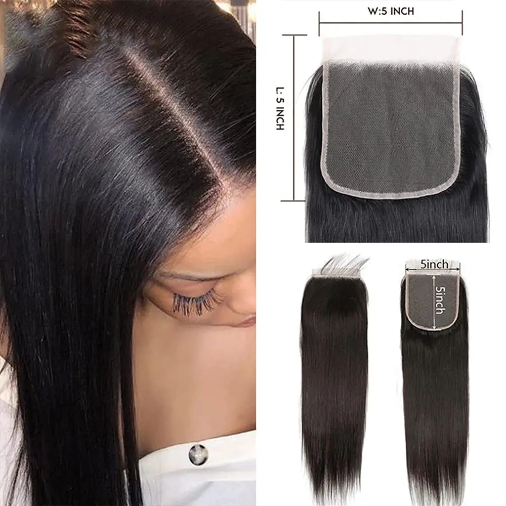 Human Hair Bundles With Closure Straight 5x5 HD Lace Virgin Raw Hair Closure With 3/4 Bundles Weft Remy Human Hair Extensions