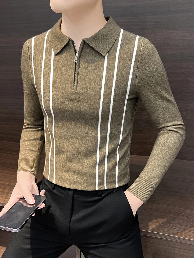 

Men's Knitted irt Long Sve Striped Sweater f Zip Casual Sle Polyester Fiber Slim Fit Base Layer Spring Autumn