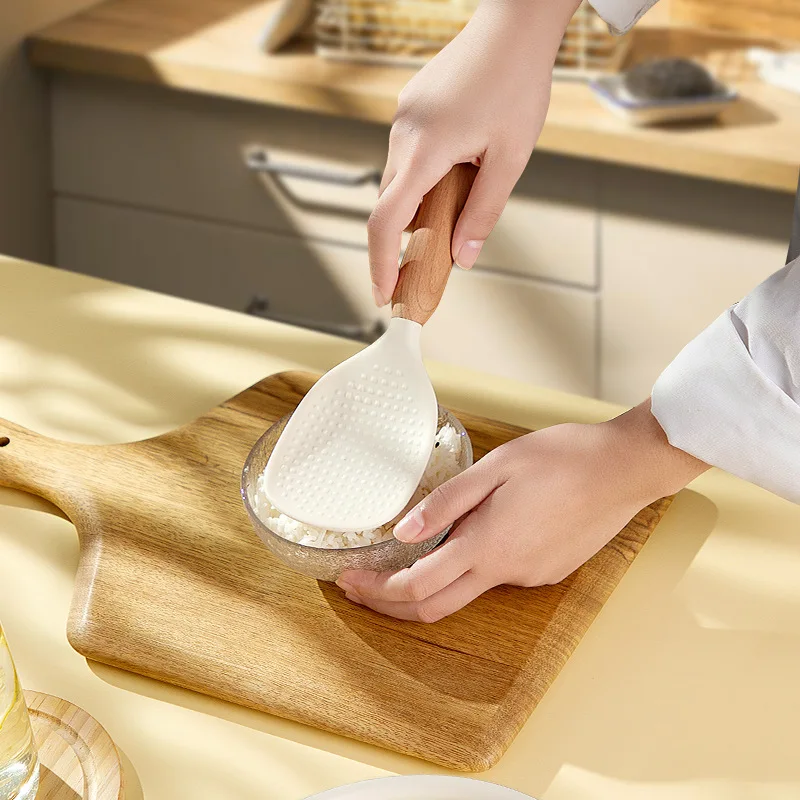 

1-Pack 21cm Translucent White Silicone Rice Paddle with Beech Wood Handle - Non-Stick Easy-Clean Standing Rice Spoon