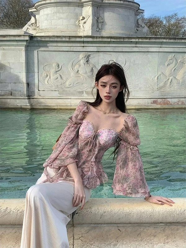 

Summer Beau Pure Desire Women's irt Floral Print Asymmetrical Hem Chiffon Bell Sve Waist-Cinching Design Commute Sle