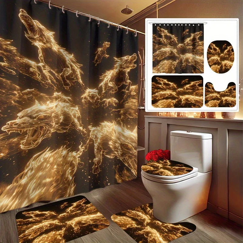 

4pcs Magic Wolf Star Night Festival Printed Shower Curtain Set, Includes Bath Mat, Toilet Lid Cover, Non-Slip Floor Mat, and
